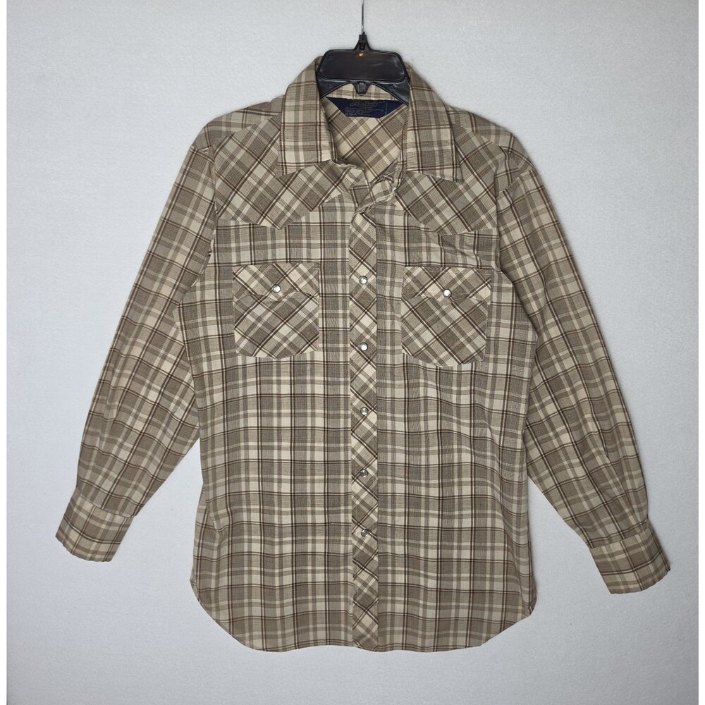 VTG Lariat Western Pearl Snap Button Shirt Brown Plaid Cowboy Rodeo Mens Medium